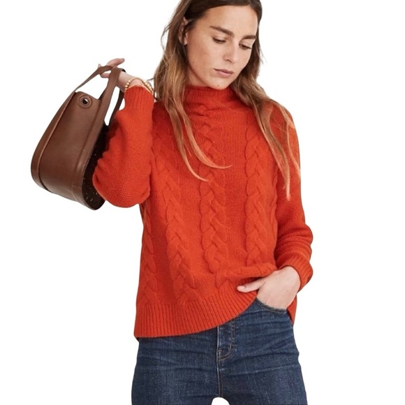 Madewell Women's Grenville Cableknit Mockneck Sweater Flame Orange Size XS - Picture 1 of 5